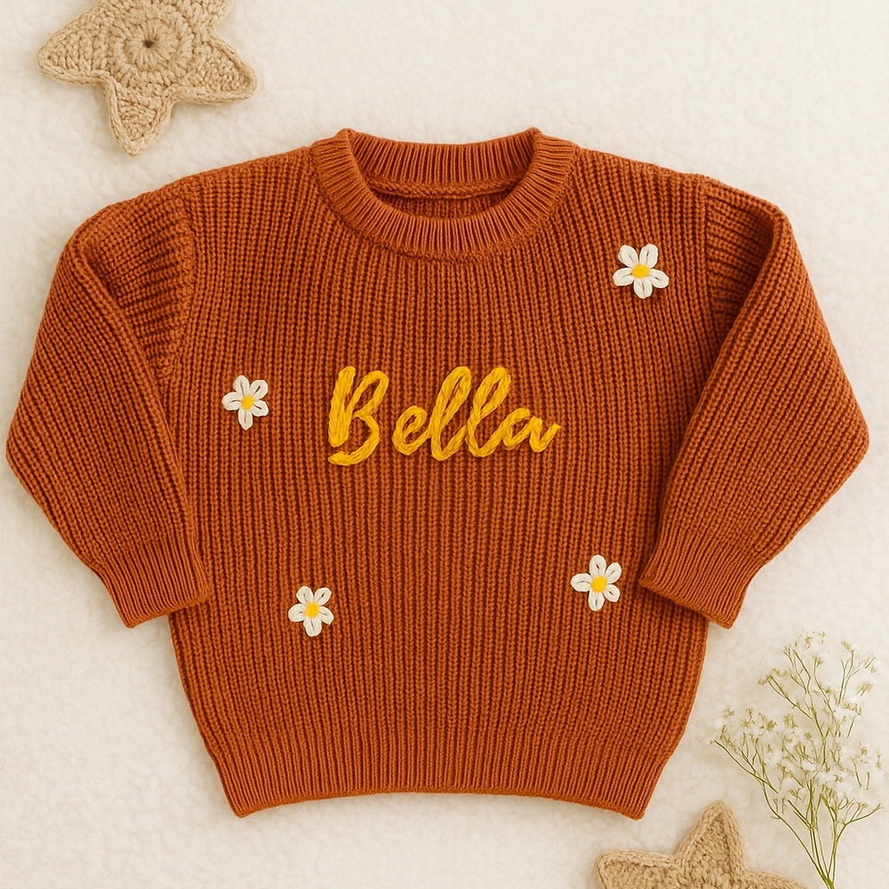 Personalized Hand-Embroidered Flower Sweater with Name for Toddler and Baby’s